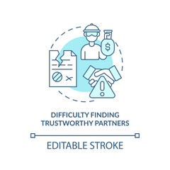 Difficulty finding trustworthy partner blue concept icon. Risk of finance fraud. Startup launch challenges abstract idea thin line illustration. Vector isolated outline color drawing. Editable stroke