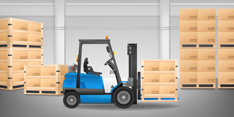 Naklejka premium Forklift in warehouse with many boxes on a pallet vector illustration.