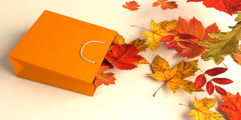 Autumn leaves are flying out of a paper shopping bag. Seasonal sale concept. 3d illustration