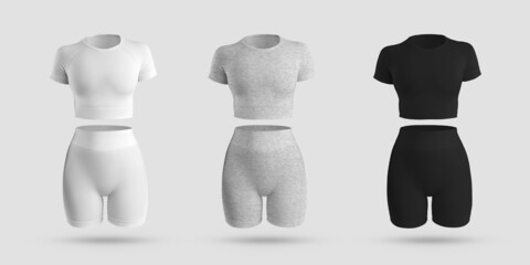 Mockup crop top, cycling shorts, compression suit 3D rendering in white, black, gray heather, isolated on background