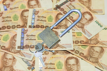 stack of Thai money banknotes baht on white background