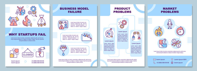 Why startups fail brochure template. Business model, product problem. Flyer, booklet, leaflet print, cover design with linear icons. Vector layout for presentation, annual reports, advertisement pages