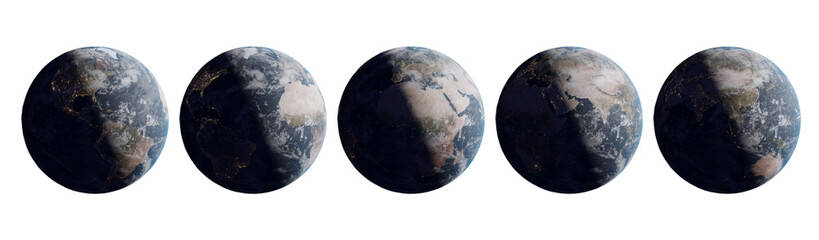 Planet earth 3d rendering set. Map and globe illustration geography template. Isolated on a white background.