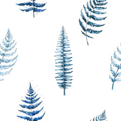 Fototapeta na wymiar Seamless pattern of winter frosty ferns on a white background. Indigo forest ornament. Winter fabric. Hand drawn watercolor print