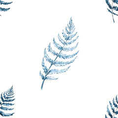 Winter seamless pattern of frosty fern on a white background. Cloth. Packaging paper. Textiles. Fabric. Wallpaper. Hand drawn watercolor ornament