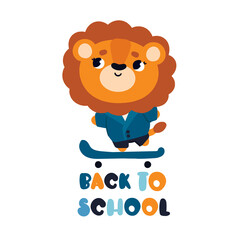 A lion in a school uniform rides a skateboard to school