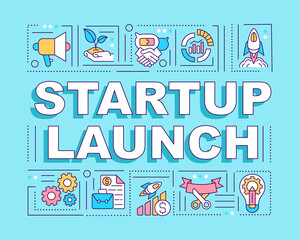 Startup launch word concepts banner. Starting business. Infographics with linear icons on blue background. Isolated creative typography. Vector outline color illustration with text