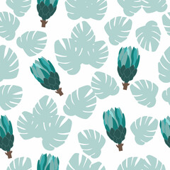 Seamless pattern from tropical leaves and green artichokes. Vector illustration 