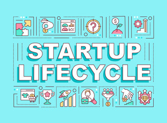 Startup lifecycle word concepts banner. Phases for business progress. Infographics with linear icons on turquoise background. Isolated creative typography. Vector outline color illustration with text