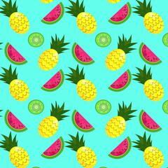 Vector background of watermelon, pineapple, kiwi. Seamless pattern of watermelons, pineapples, kiwis. Vector background. Cute seamless vector pattern with watermelons, pineapples and kiwis.