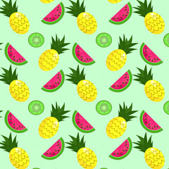 Vector background of watermelon, pineapple, kiwi. Seamless pattern of watermelons, pineapples, kiwis. Vector background. Cute seamless vector pattern with watermelons, pineapples and kiwis.