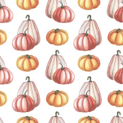 Watercolor orange,pink pumpkin on white background. Autumn seamless pattern.