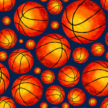 Watercolor illustration Basketball ball seamless background. Ideal for wallpapers, covers, packaging, packaging, fabric design and any decor. Isolated on a blue background. Drawn by hand.