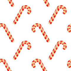 Watercolor illustration of a candy cane pattern. Seamless repeating holiday print with lollipops. Christmas, New Year, Birthday or Valentine's Day. Isolated over white background.