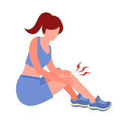 Leg pain concept vector illustration on white background. Sport woman feel hurt in leg. Muscle or bone problem.