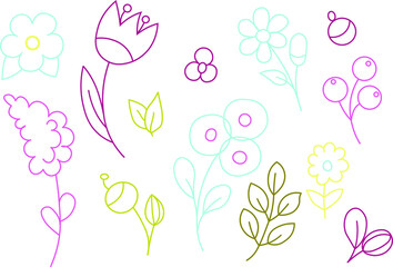 Simple floral colored dodling, clipart, isolated design elements on white