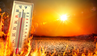 Heatwave With Warm Thermometer And Fire - Global Warming And Extreme Climate - Environment Disaster...