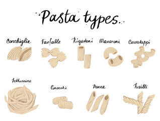 Set of pasta types, monochrome, hand drawn vector