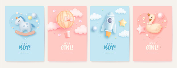Fototapeta na wymiar Set of baby shower invitation with cartoon horse, swan, rocket and hot air balloon on blue and pink background. It's a boy. It's a girl. Vector illustration