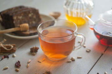 The holiday of honey saved. On the table are honey, black bread, tea.
