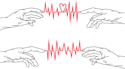 Vector linear black and red set: hands with cardiogram. Line art elements for design card, poster, illustration about human relationships, health care, medicine.