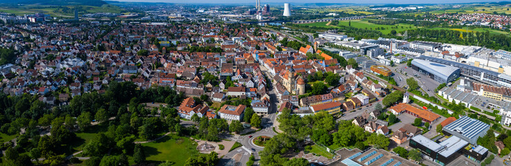 Fototapeta na wymiar Aerial view around the city Neckarsulm in Germany on a sunny spring morning.