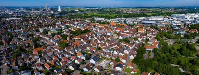 Aerial view around the city Neckarsulm in Germany on a sunny spring morning.