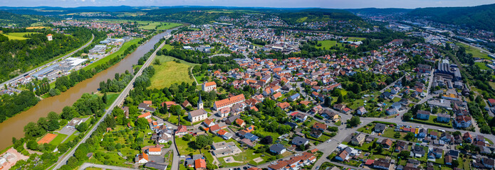 Aerial view around the city Mosbach in Germany. On sunny day in spring 