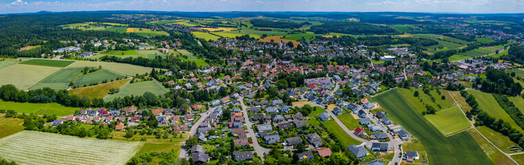 Aerial view around the village Unterschwarzach in Germany. On sunny day in spring