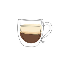 Cup of coffee, latte, cappuccino drawn in a continuous line. Continuous line with color complement. Sketch, line art, vector isolated illustration.