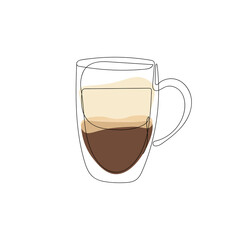Big cup of coffee, latte, cappuccino drawn in a continuous line. Continuous line with color complement. Sketch, line art, vector isolated illustration.