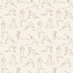 Vector seamless pattern in line art style of woman doing yoga. Set of yoga poses. Cute trend color background. Pattern for yoga studio, textile. Girl in a yoga pose