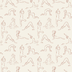 Vector seamless pattern in line art style of woman doing yoga. Set of yoga poses. Cute trend color background. Pattern for yoga studio, textile. Girl in a yoga pose