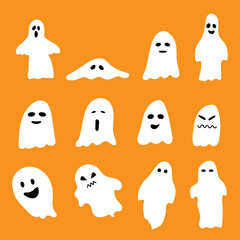 ghost cartoon character set with different cute shape flat style for Halloween and funny decorative website banner or poster card design