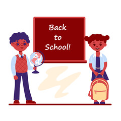 Dark skin girl and boy with a globe at the school blackboard. Back to school. Vector illustration in flat cartoon style.