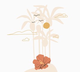 Hand drawn vector abstract stock graphic summer time cartoon,minimalistic illustrations scene,with beautiful tropical palm trees island silhouette with sunset isolated on white background.