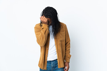 Delivery African American man with braids isolated on white background with headache