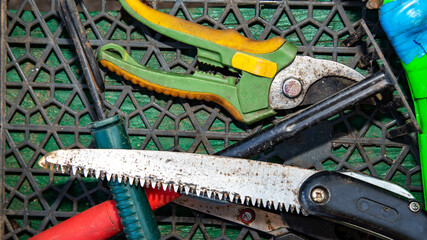 old dirty agricultural metal garden tools. Concept of gardening or planting. selective focus