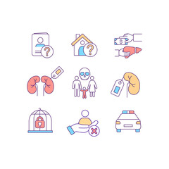 Illegal human trade related RGB color icons set. Person enslavery. Non consensual actions. Labour exploitation. Isolated vector illustrations. Simple filled line drawings collection