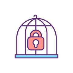 Cage and lock RGB color icon. Freedom deprivation. Iron birdcage. Trapped behind bars. Imprisonment and unfree person methaphor. Isolated vector illustration. Simple filled line drawing