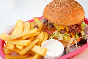 Hamburger mit Pommes-frites  auf Tablett 