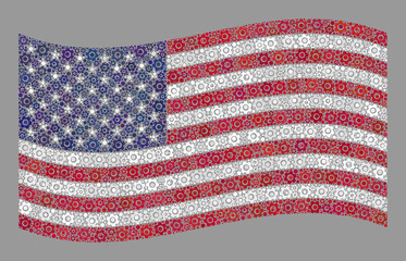 Obraz premium Mosaic waving USA flag created with engine items. Vector engine collage waving USA flag organized for control advertisement. USA flag collage is organized of scattered control items.