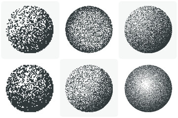 3D spheres with pixel gradient. Abstract vector shapes with dotted halftone gradient. Variants with different pixel sizes. Round textures for emitting a volumetric shape. Template for vintage design. 
