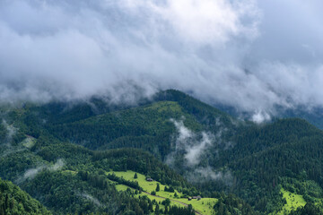 Splendid mountain valley is covered with fog after the rain. Foggy landscape. Location place Carpathian mountains, Ukraine, Europe.
