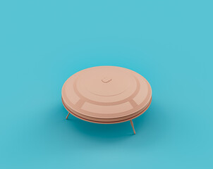 Isometric flat orange color UFO toy in single color  turquoise background, 3d Rendering