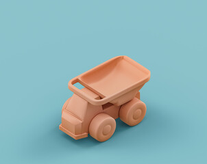 Isometric flat orange color dump truck toy in single color  turquoise background, 3d Rendering