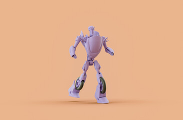 Single monochrome pruple color robot toy in single color yellow, orange background, 3d Rendering