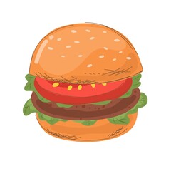 Burger with lettuce and tomato in cartoon style with hatching line. Vector illustration.