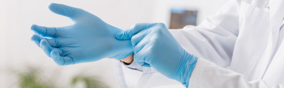 partial view of physician putting on blue latex gloves in clinic, banner