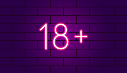 neon banner 18+ on the night brick wall